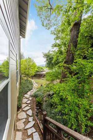 a view of a yard with plants and wooden fence