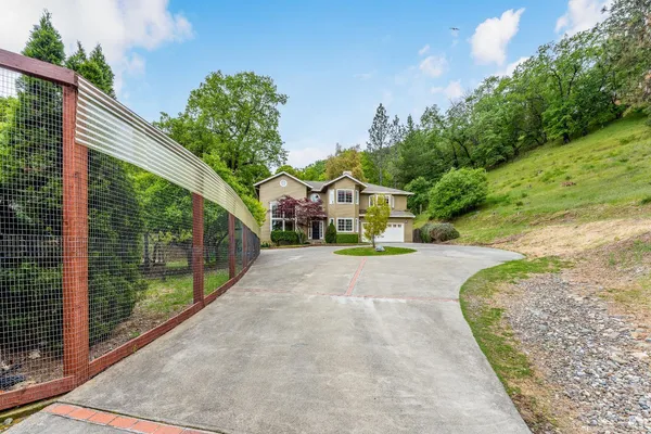 a front view of a house with a yard and potted plants