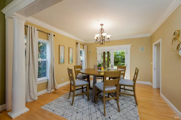 a view of a dining room with furniture window and wooden floor