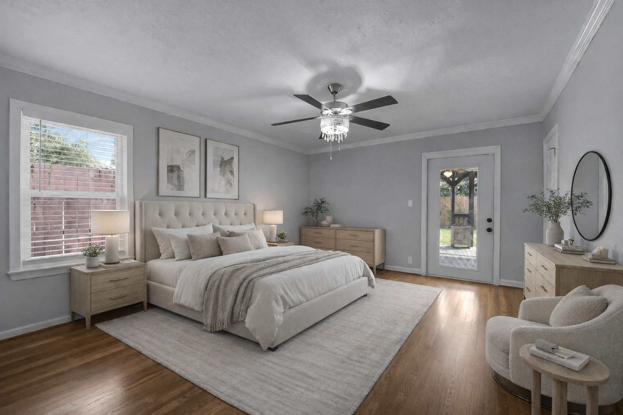 9623 Val Verde Street Houston, TX 77063 - Photo 13 of 26 Spacious primary suite — as virtually staged — featuring ceiling fan, expanded 6’x9’ custom closet (’18) & glass exterior door opening to covered patio deck.