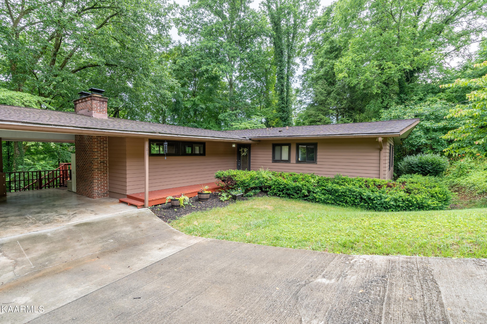 a view of a house with a yard and potted plants