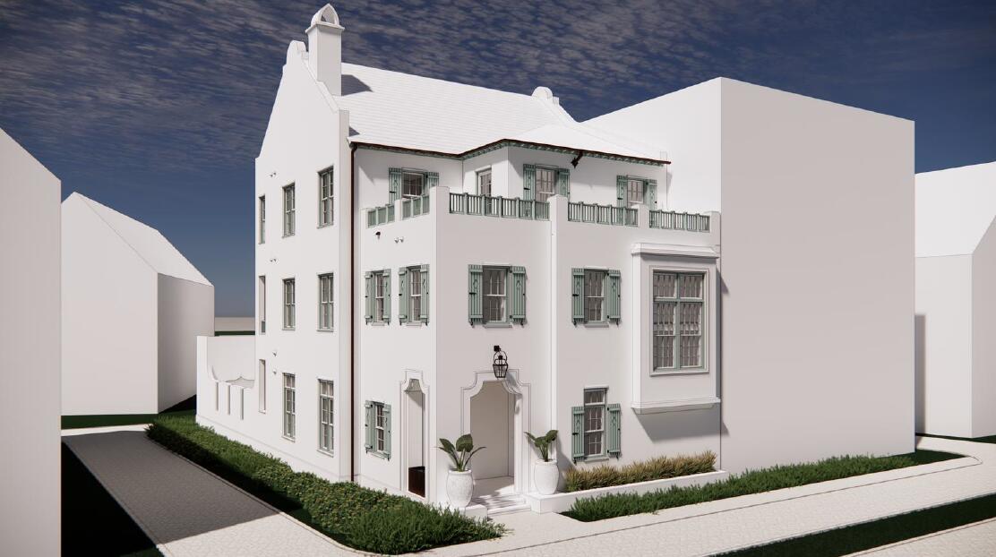 a view of a white building among the street