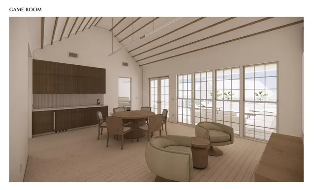 a living room with furniture a flat screen tv and large window