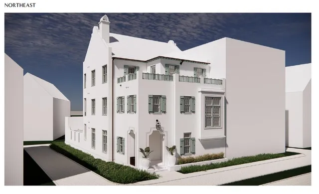 a view of a white building among the street