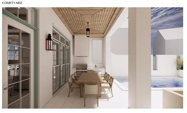 a view of a hallway with wooden floor and dining room