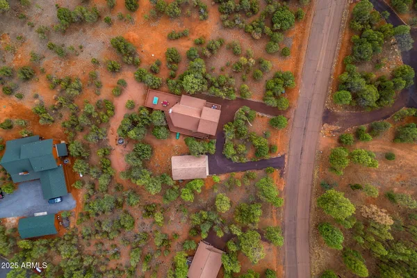 an aerial view of residential houses with outdoor space and trees