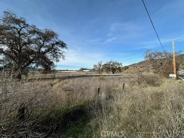 a view of a field with trees in background