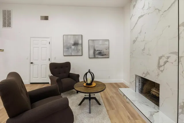 a living room with furniture and a potted plant