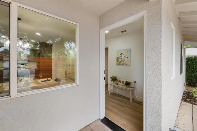 a living room with wooden floor and a potted plant