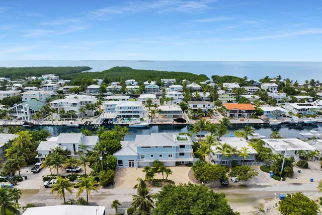 an aerial view of a city with lots of residential buildings and ocean view in back