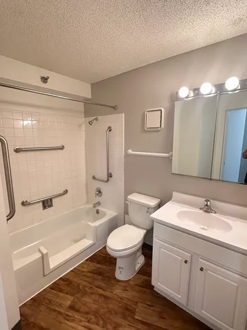 a bathroom with a double vanity sink toilet mirror and bathtub