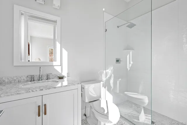 a bathroom with a granite countertop sink a toilet and a mirror