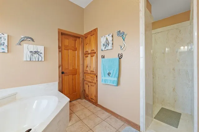 a bathroom with a bathtub and a shower