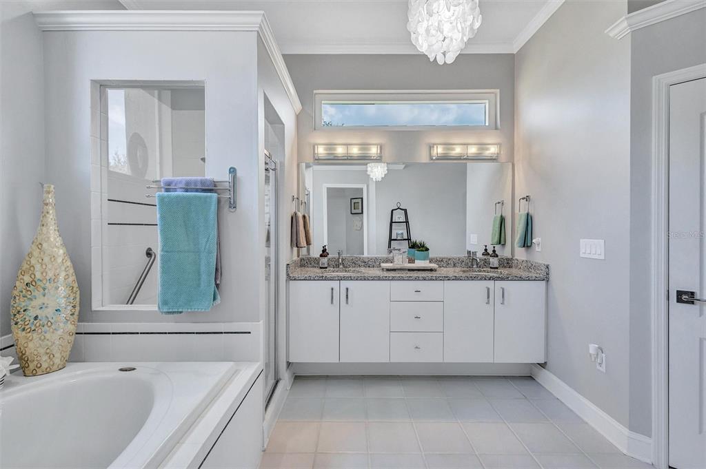 8409 29th Street East Parrish, FL 34219 - Photo 37 of 65 a bathroom with a granite countertop sink a mirror and a bathtub