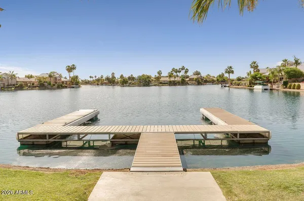 a view of a lake with houses