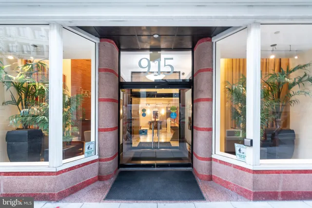 front view of a building with a street