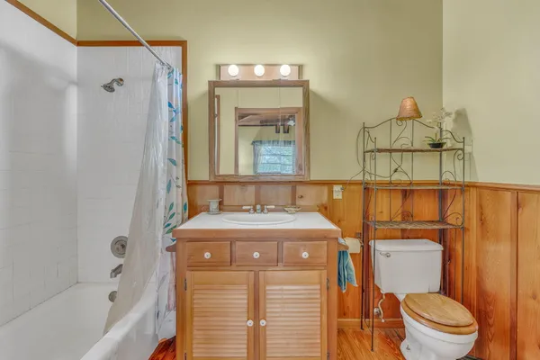 a bathroom with a sink a toilet and shower