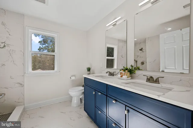 a bathroom with a double vanity sink toilet and a mirror