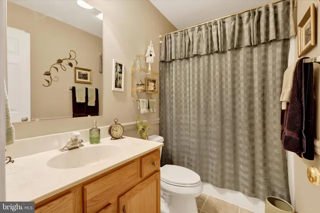 a bathroom with a sink a toilet and shower curtain
