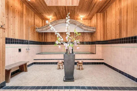 a bathroom with a shower and a toilet