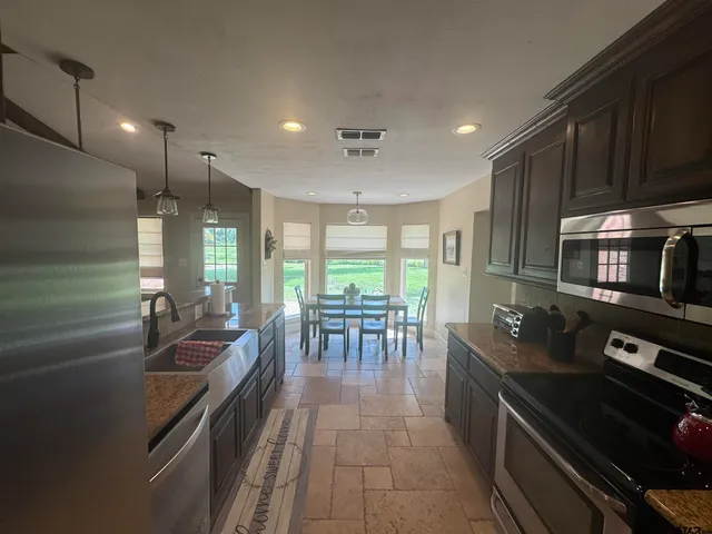 a kitchen with lots of counter top space