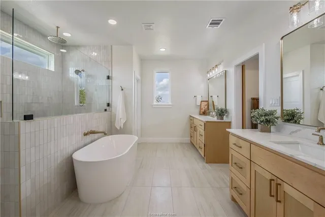 a bathroom with a tub a sink a mirror a shower and vanity