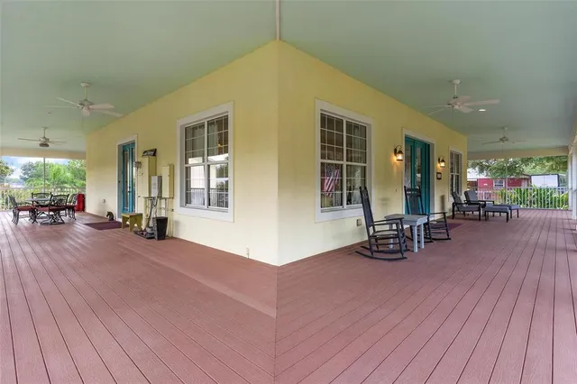 a view of a park with large trees
