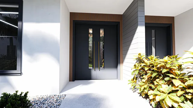 a view of a entryway door with potted plants