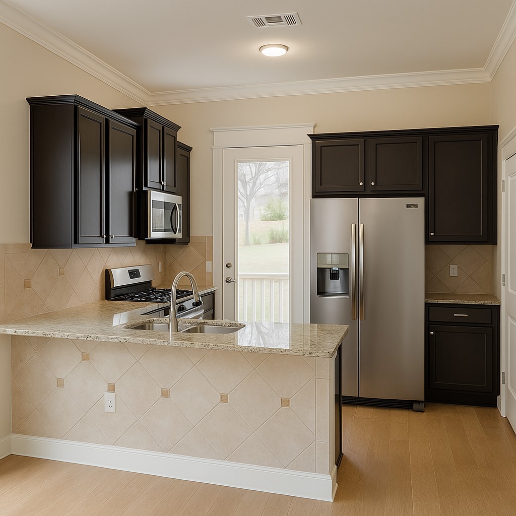 4420 Red River Street, Unit B Austin, TX 78751 - Photo 1 of 11 A well-appointed kitchen features dark wood cabinetry, light granite countertops, and a charming deck access.