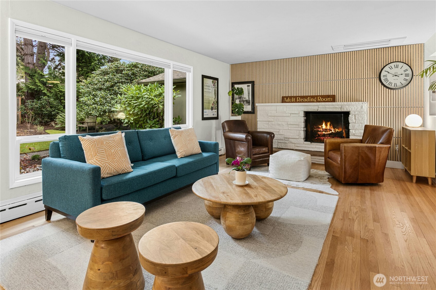 21214 96th Avenue West Edmonds, WA 98020 - Photo 6 of 40 a living room with furniture a fireplace and a large window