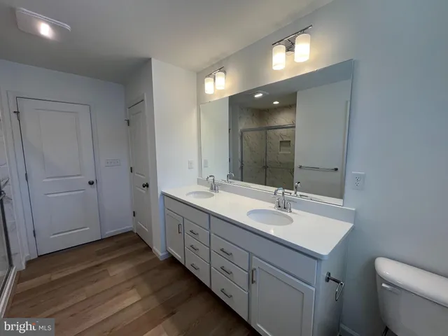 a bathroom with a double vanity sink and mirror with toilet