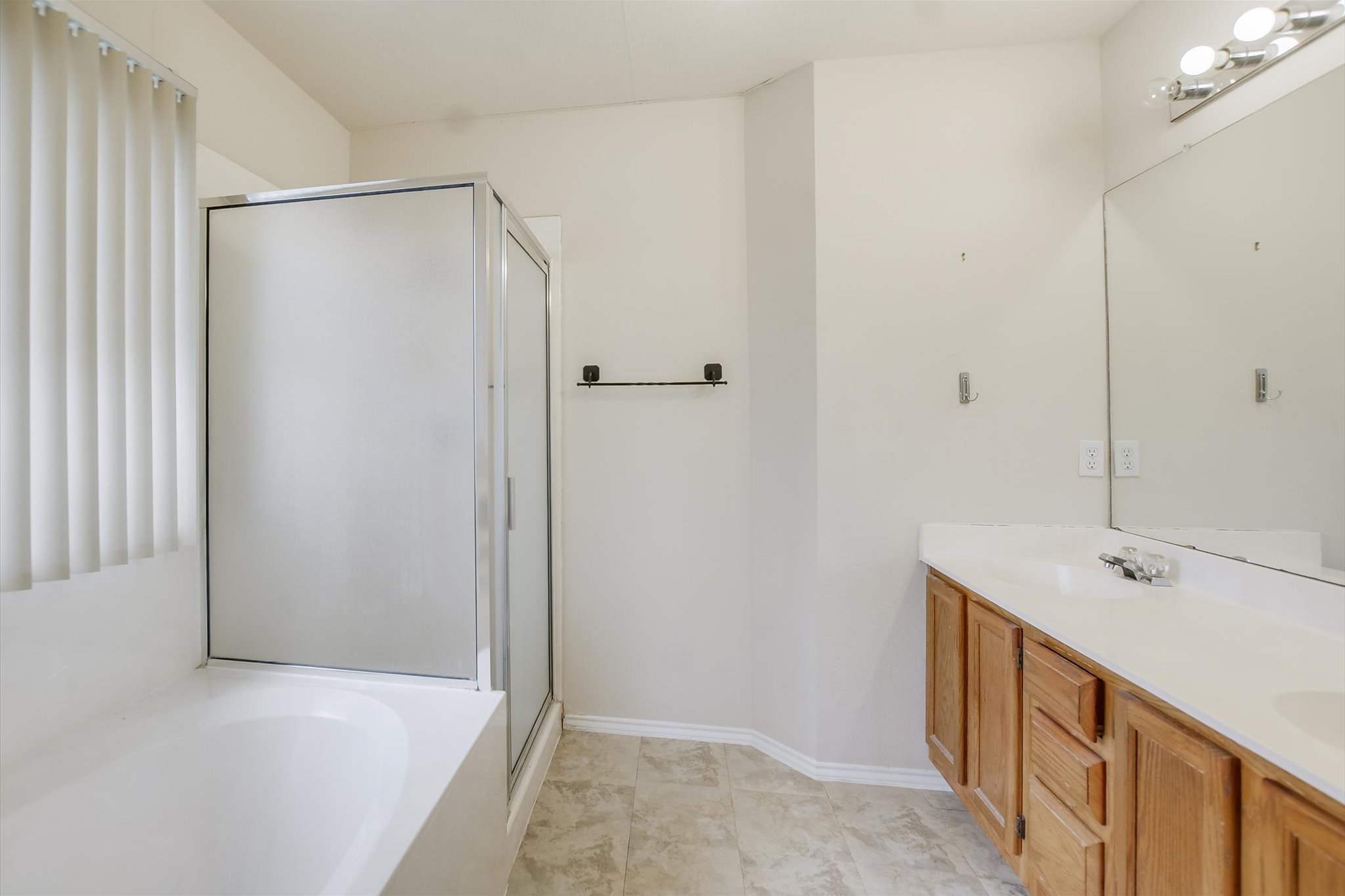 1008 Double File Trail Round Rock, TX 78665 - Photo 14 of 20 A well-appointed bath features a spacious shower alongside a deep soaking tub and a generous vanity.