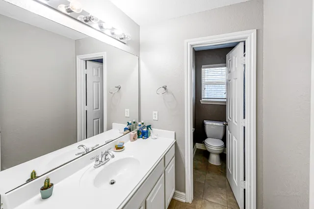 a bathroom with a sink a toilet and a mirror