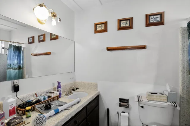 a bathroom with a sink mirror and toilet