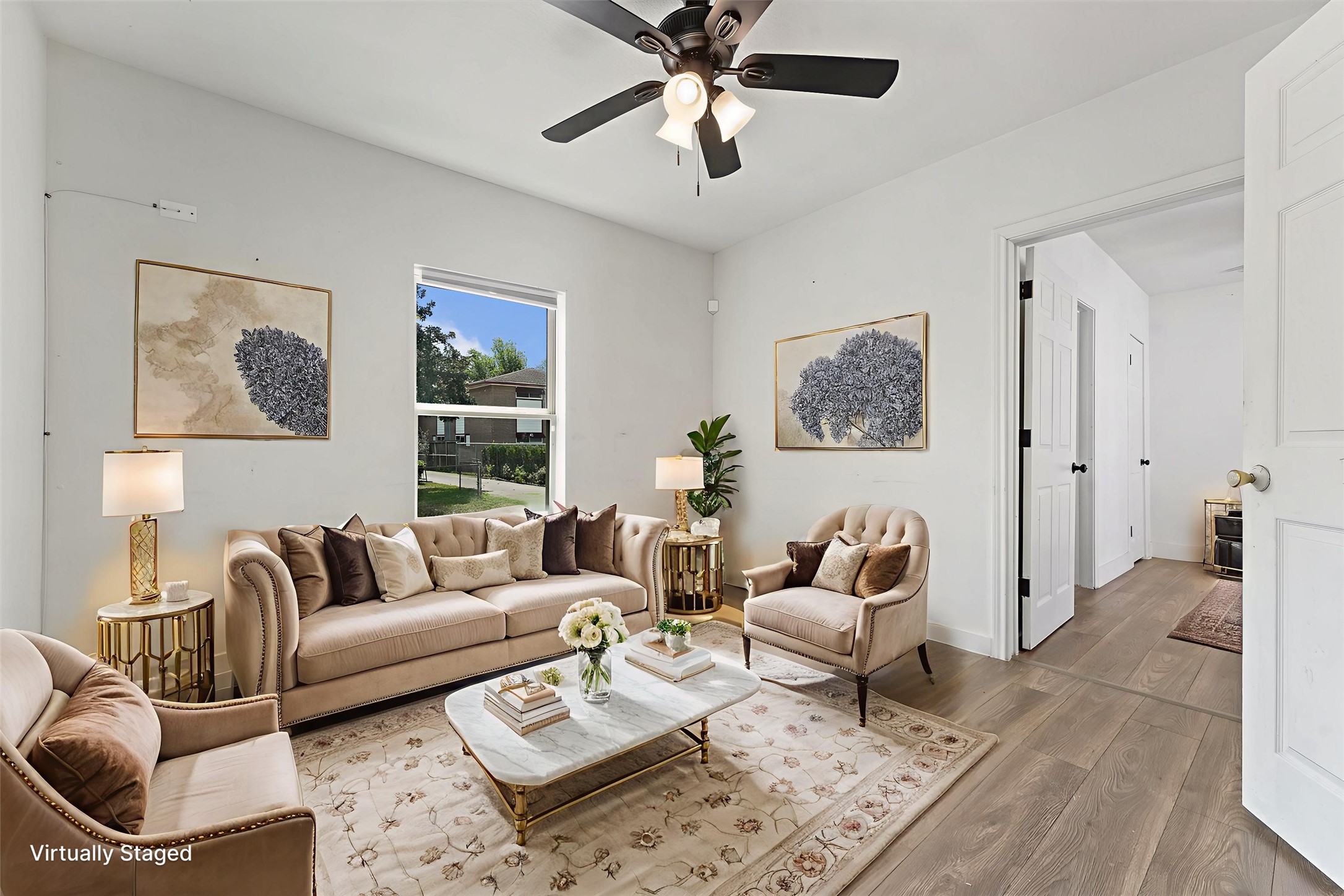 a living room with furniture and a rug