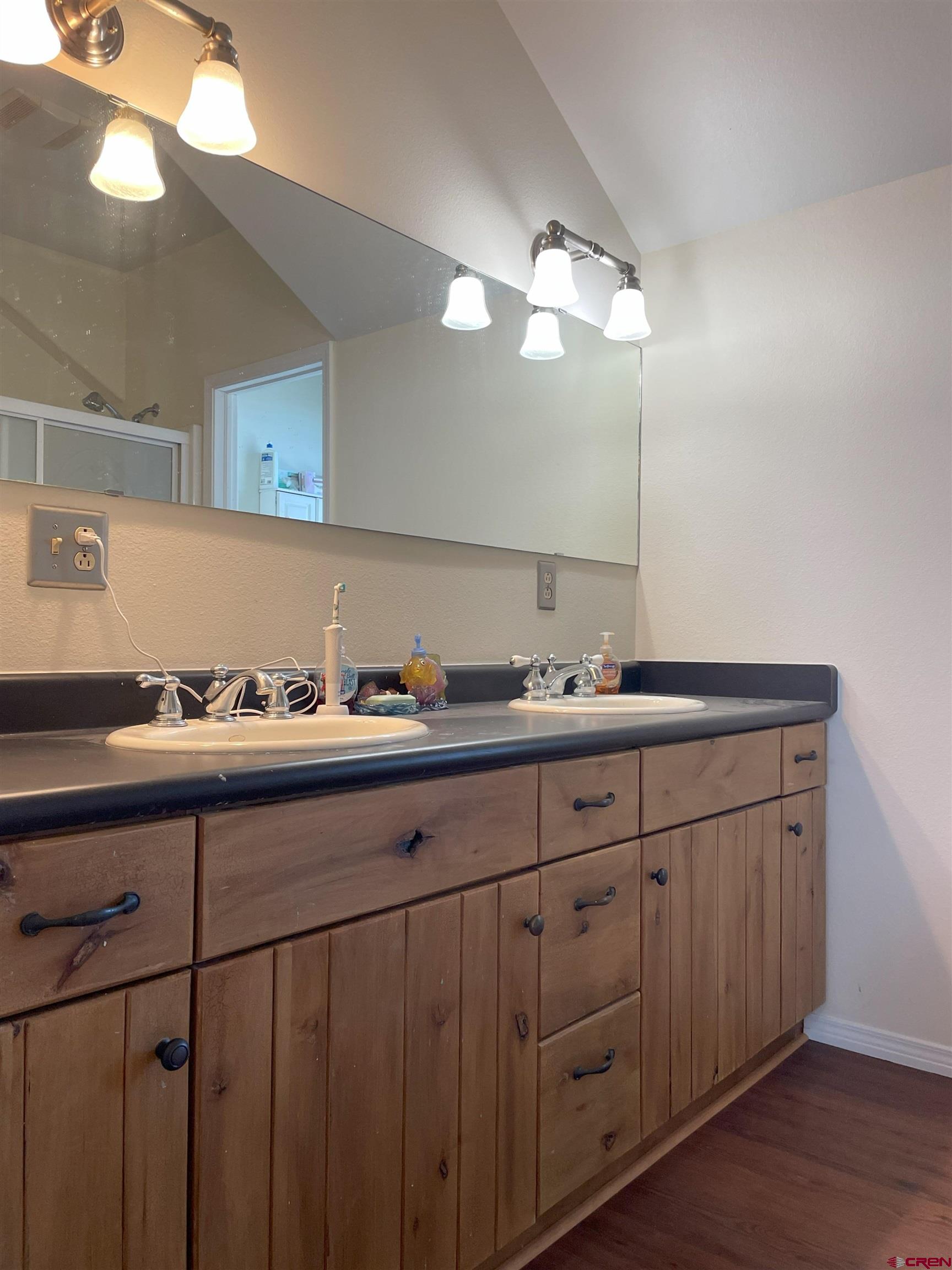 1552 Southwest Painted Fork Road Cedaredge, CO 81413 - Photo 16 of 45 a bathroom with a double vanity sink and a mirror