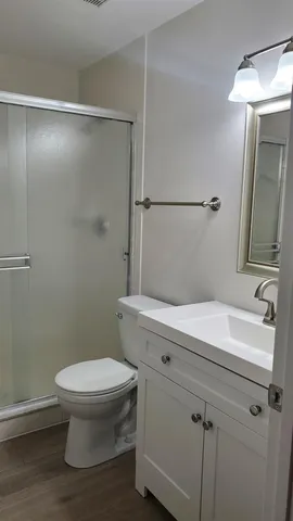 a bathroom with a sink a toilet and a mirror
