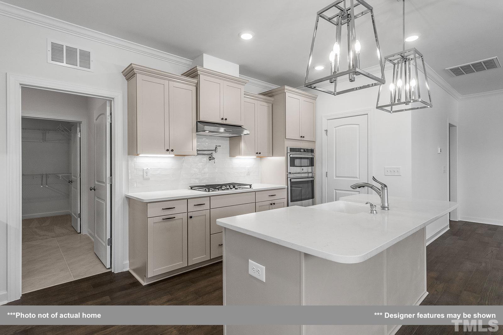 201 Dungannon Loop Clayton, NC 27520 - Photo 8 of 35 a kitchen with stainless steel appliances a sink a stove a refrigerator cabinets and a chandelier