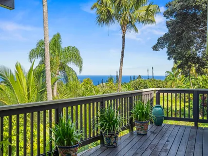 a view of a balcony with wooden floor