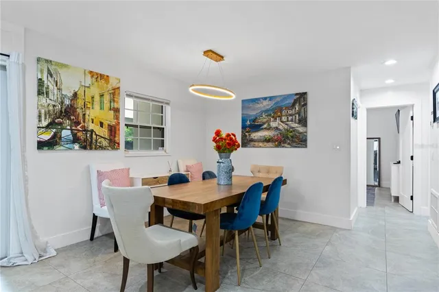 a view of a dining room with furniture