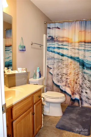 a bathroom with a sink a toilet and shower curtain
