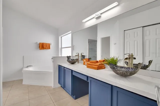 a bathroom with a sink a tub and a mirror