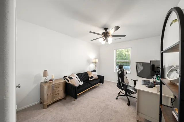 a view of workspace with a couch and a mirror