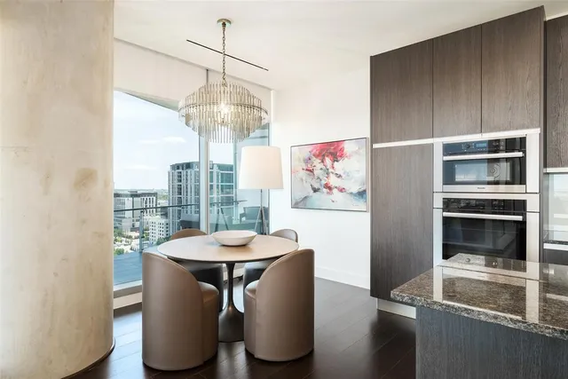 a view of a dining room with furniture window and outside view