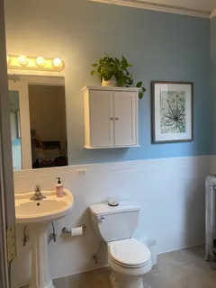 a bathroom with a sink mirror and toilet