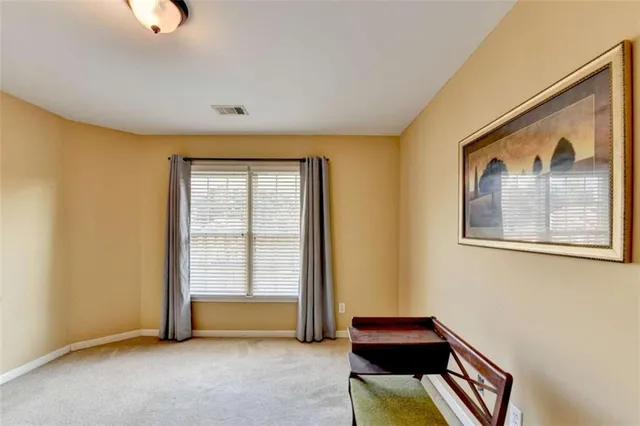 a view of a backyard with plants and large tree