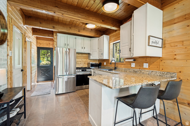 11237 East Aspen Road, Unit 74 Heber City, UT 84032 - Photo 10 of 32 Kitchen featuring light wood plank walls and ceiling with exposed wood beams