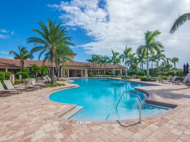a view of swimming pool that has lawn chairs with plants and palm trees