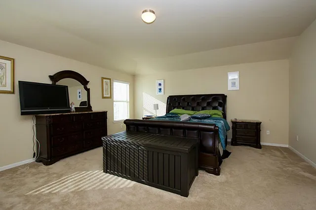 a bedroom with a bed and a flat screen tv