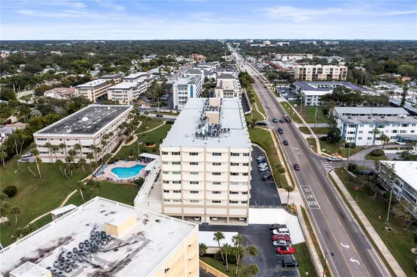an aerial view of a swimming pool